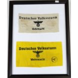German framed Nazi Deutsher Volkssturm Wehrmatcht arm bands, two different patterns.