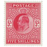 GB - EDVII 1902 5/- bright carmine, UM, SG263. Good colour, centring and perfs. Cat £900