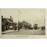 Railway station postcard. Ealing Common Middlesex London, real photo postcard, exterior with tram,