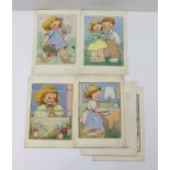 Phyllis Purser (20th century) original artwork for postcards, on board, Girl with flowers, Boy &