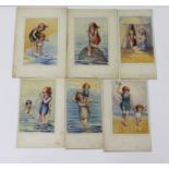 Flora White (20th century) original artwork for postcards, on board, SEASIDE - The sun baths,