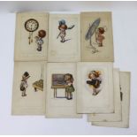 Flora White (20th century) original artwork for postcards, on board, Little organ grinder, Here's