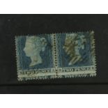 GB - 1855 2d Blue SG.20a spectacular misperforation variety, so that the word POSTAGE is incorrectly