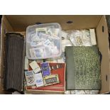 Crate containing quantity of cards in vintage albums, packets, bags, etc + plastic tub of trade