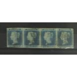 GB - 1841 2d blue (EH-EK) used strip of four stamps, four margins, close at bottom of 'EH', repaired