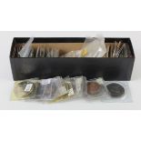 Collection of World coins / tokens in a black stock box, includes silver, pre 1900 issues , better