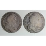 Crowns (2): 1695 Septimo VG, and 1696 Octavo VG engraving and graffiti.