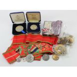 Small box of various badges, buttons, medals, etc including Railway, Masonic, School, Police,