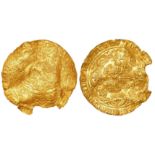 Edward III gold Noble, E in centre rev, 7.27g, damaged and crinkled Fine, reverse better, a piece