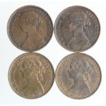 Farthings (4): 1869 VF, 1872 EF, 1875 large date VF, and 1876H large 6 nEF