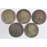 GB Halfcrowns (5) early milled: 1687 Fair, 1696 Octavo large shields, early harp, S.3481, nF,