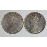 India (2) Rupees: 1862 EF, and 1889 AU