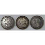 GB Crowns (3) Queen Victoria veiled head: 1893 LVI VF/GVF a few scratches, 1897 LXI VF, and 1898