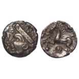 Ancient British Iron Age Celtic silver unit of the Iceni, wt. 1.4g., of the Bury Type, obverse:-