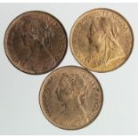 Farthings (3): 1880 EF, 1892 GEF, and 1895 old head AU