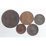 GB & France Copper (5): Penny 1797 Fine; Farthings: 1799 aVF, 1822 VF-GVF, 1901 nEF, and a French