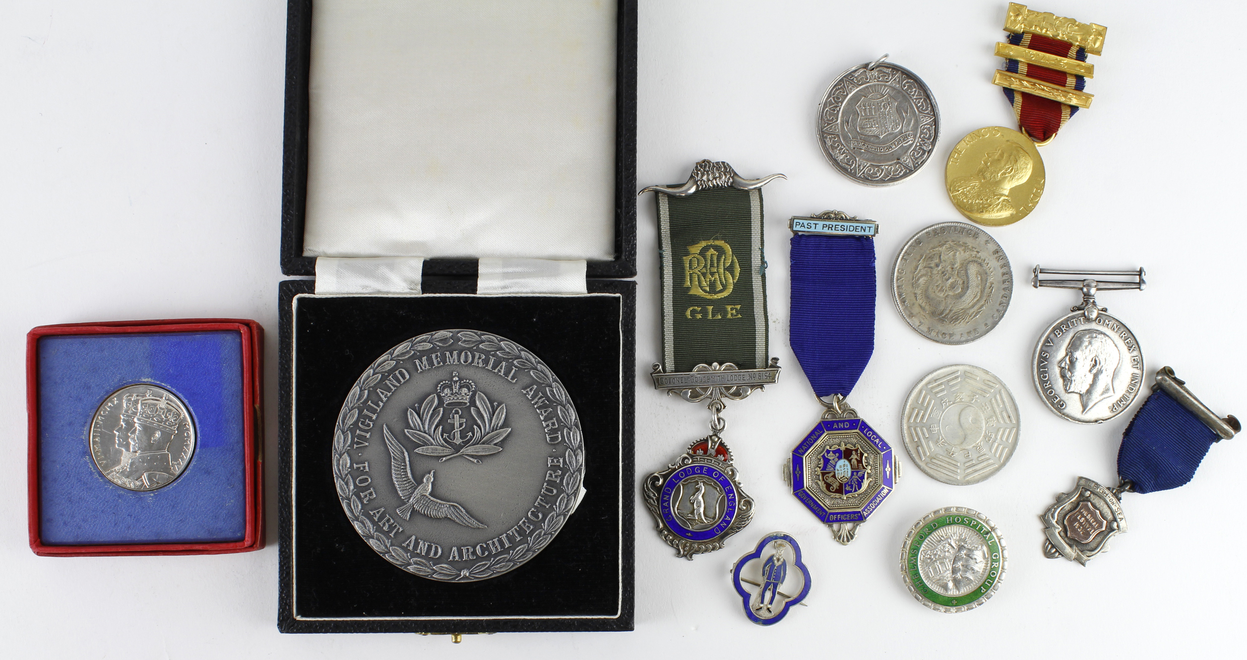 GB medals, badges etc. (12) mostly silver, 20thC, approx. 265g sterling. Note there are two