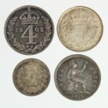 GB Silver Minors (4): Groat 1855 GVF, Maundy Fourpence 1902 GEF, currency Threepence 1901 AU, and