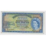 Bermuda 1 Pound dated 1st May 1957, portrait Queen Elizabeth II at right, serial H/2 183267 (TBB
