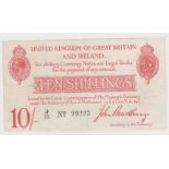 Bradbury 10 Shillings (T12.1, Pick348a) issued 1915, 5 digit serial number J/13 99223, centre