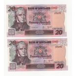 Scotland, Bank of Scotland 20 pounds (2) dated 22nd March 1999, a consecutively numbered pair,