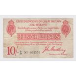 Bradbury 10 Shillings (T13.1, Pick348a) issued 1915, serial Q/31 005553, light toning, Fine+