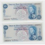 Isle of Man 50 Pence (2) issued 1969, signed Stallard, LOW serial No's without prefix, 000572 &