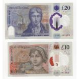 Cleland & Sarah John POLYMER issues (2), a pair of FIRST RUN 'AA01' prefixes, Sarah John 20 Pounds