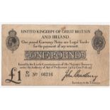 Bradbury 1 Pound (T11.1, Pick349a) issued 1914, serial D/19 66216, small brown mark top centre,