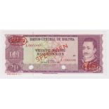 Bolivia 20 Pesos Bolivianos dated 13th July 1962, Thomas de la Rue SPECIMEN No.54 with red oval