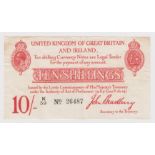 Bradbury 10 Shillings (T12.1, Pick348a) issued 1915, 5 digit serial number K/59 26487, light toning,