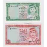 Brunei (2), 10 Ringgit dated 1986, serial A/18107323 (TBB B108d, Pick8b), 5 Ringgit dated 1986,