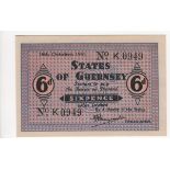Guernsey 6 Pence dated 16th October 1941, German Occupation issue during WW2, serial K0949 (TBB