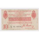 Bradbury 10 Shillings (T13.2, Pick348a) issued 1915, serial R1/77 092043, pinholes, Fine