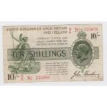 Bradbury 10 Shillings (T20, Pick350b) issued 1918, red serial No. B/5 235080, No. with dash,