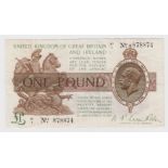 Warren Fisher 1 Pound (T31, Pick359a) issued 1923, serial K1/1 878874, FIRST PREFIX of mid run,