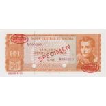 Bolivia 50 Pesos Bolivianos dated 13th July 1962, Thomas de la Rue SPECIMEN No.65 with red oval