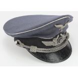 German Luftwaffe Officers peaked cap, some service wear, maker & owners labels to interior,