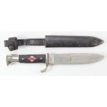 German Hitler Youth knife. blade marked SM/1940 and Germany in correct fitted metal scabbard