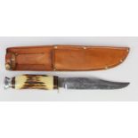 Fighting knife with scabbard, J .Nowill maker marked "Bowie" blade