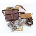 Mixed militaria inc a Light infantry leather pouch box, button cleaner, various leather belts, and