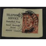 GB - KGV 1½d stamp ex booklet with Telephone Service printed label attached, Parkstone Dorset