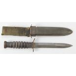 American fighting knife, in fitted scabbard, blade with no maker mark, scabbard marked M8