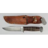 American USN Mark 1 knife / Fighting knife with scabbard and attached identity tag. Blade stamped