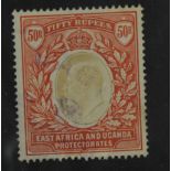 East Africa and Uganda 1907 50 rupees grey and red-brown high value stamp, well centred with variety