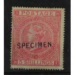 GB - 1867 5s rose stamp, Plate 1 overprinted SPECIMEN (type 2), light soiling.