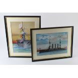 Naval interest - glazed and framed water colours (approx 35x45cm) of HMS Cornwall 1907, and HMS