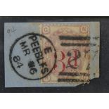 GB - 1883 3d-on-3d stamp, SG.159, used on piece with Peebles postmark.