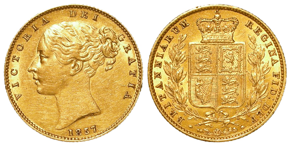 Sovereign 1857 shieldback, GVF, light scratches.