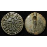 Medieval seal matrix, bronze d.19mm: +EST: AMOR: MEVS, (omega) IHC.